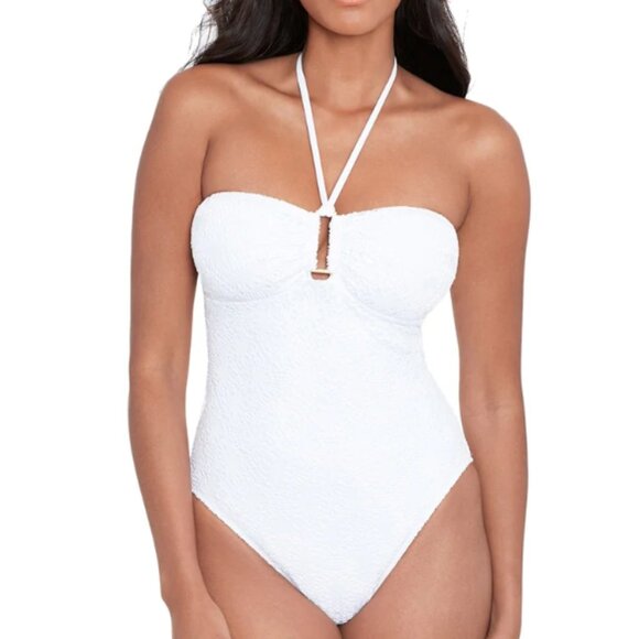 NWT Lauren Ralph Lauren White Crochet Ring Bandeau One Piece Swimsuit Women's 12